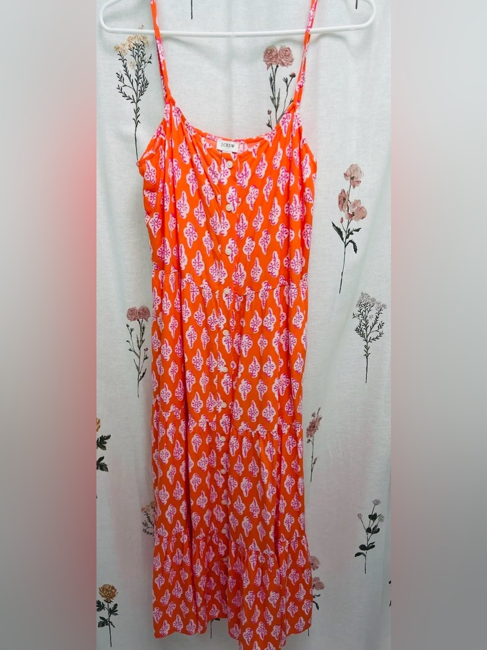 J. Crew Bright Orange Maxi Dress with Pink Leaf Print